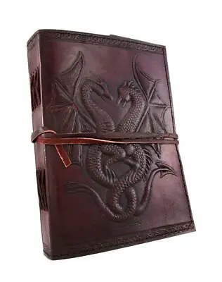 LARGE THICK Handmade Double Dragon Journal Leather Recycled Blank Notebook • £19.99