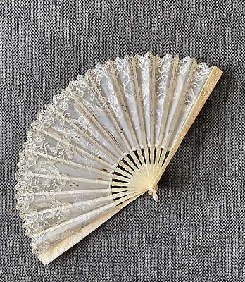 Antique Hand Fan White Silk Lace Birds & Sequence Carved Handle + Box • $75