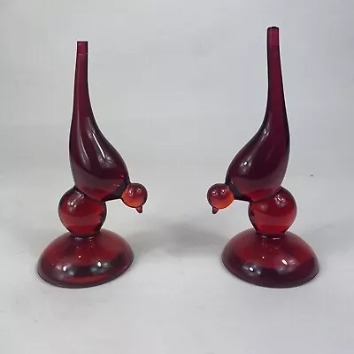 Vintage Viking Pair Of Ruby Red Long Tail Glass Birds Mid Century Modern • $49.99