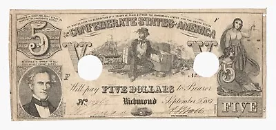 T-37 1861 $5 CSA ‘Sailor’ Confederate States Of America Note – Cut Canceled • $123.95