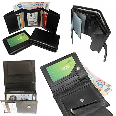 Mens Wallet LEATHER ID Pocket Black Soft Coin Pouch Section Money Purse Gents • £3.99