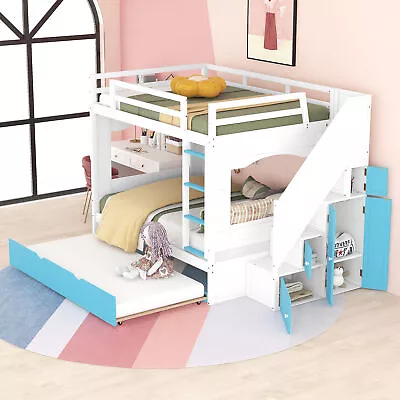 Solid Wood Bunk Beds With Trundle&Staircases Twin Full Size Platform Bed Frames • $899.99