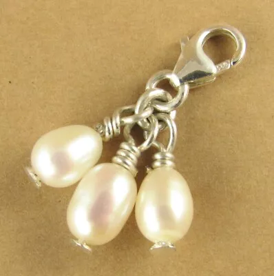 Pearl Cluster Clip-on Charm. 3 Real Pearls. Dangle.Handmade.Sterling Silver 925. • £9.50