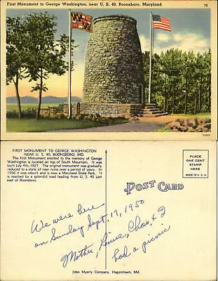 First Monument To George Washington Boonsboro Maryland MD Vintage Postcard • $1.89