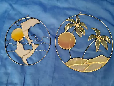 Lot Of 2 - Capiz Shell Sun Catchers - 6.75  Palm Trees & Sun And 5.5  Dolphins • $12
