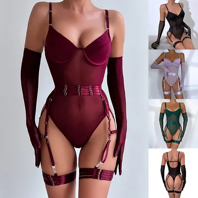 Sexy Lingerie Bra Thong Suspender Stocking Underwear Bodysuit Gloves Set Holiday • £13.99