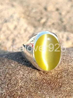 Natural Yellow Cats Eye Chrysoberyl Gemstone Sterling Silver Handmade Men Ring  • $54