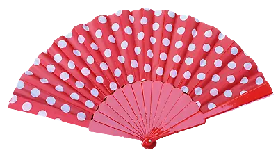 1x Unisex Red Polka Dots Spotted Plastic Hand Fan For Weddings Summer Foldable • £3.95