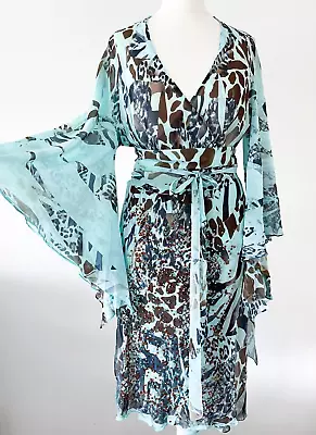 Unusual Green Aqua Chiffon Bead Animal Print Wrap Cruise Dress Kasike Size 10  • £15.99