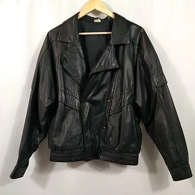 Leather Batwing Sleeves Jacker Biker Black Vintage 80's 90's Bomber 48 Size M • $58.04