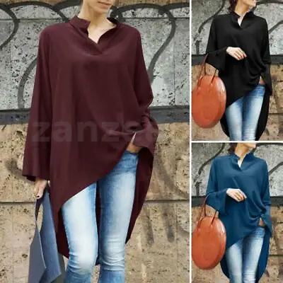 Women Collarless V Neck Tops High Low Casual Loose Oversized Solid Shirt Blouse • $33.70