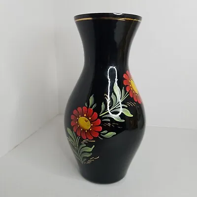 VINTAGE Black Vase Hand Painted Flowers Gold Trim Rim Red Yellow Flowers Elegant • $9.95