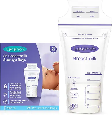 Lansinoh Breast Milk Storage Bags - 180Ml - 25 Pack - Fridge Freezer Breastfeedi • £7.18