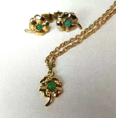 Vintage Petite Gold Lucky Shamrock Four Leaf Clover Green Necklace & Earring Set • $12