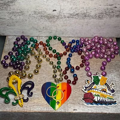 Lot Of 3 Mardi Gras Beads: Fleur De Lis Steamboat NATCHEZ & Rainbow Pride Heart • $17.50