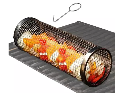 Rolling Grilling Basket BBQ Cylinder Mesh Tube Round Stainless Steel Grill Net • $14.99