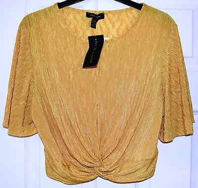 NEW LOOK Mustard Knot Front Flutter Sleeves Crepe Crinkle Crop Top Size UK 16 • £6.12