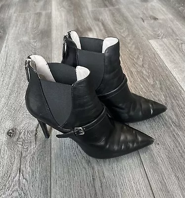 MIU MIU Black Leather Buckle Ankle Boots Stiletto Heel | Size EU39.5 US8.5 • $118