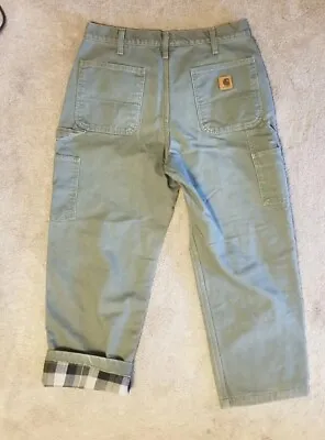 Carhartt B111 MOS Flannel Lined Duck Canvas Carpenter Utility Green Pants 34×28 • $21