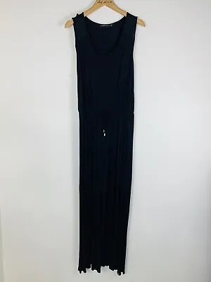 Portmans Size M 12 14 Dress Black Maxi Cotton Stretch Tie Waist Tank Sleeves • $31.50