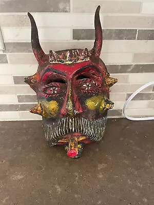 Vintage Mexican Mask Folk Art Hand Painted Wood Devil Horns Smoking A Cigarette • $31