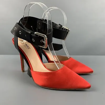 MONSE MARIELA MONTIEL Size 8 Red Black Silk Solid Leather Trim Belted Pumps • $211