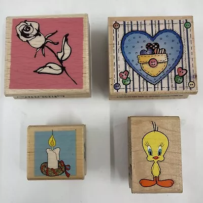 Rubber Stamp Lot Of 4 Tweety Bird Candle Rose Pocket Of Hearts • $18