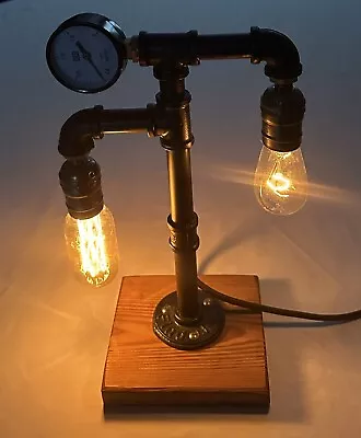 Retro Steampunk Industrial Pipe Lamp Two Fixture Desk Light Table Lamp Dimmable • $39.95