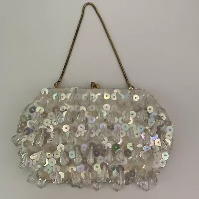 VTG Teardrop Beaded Sequin Cha Cha Clutch White Evening Cocktail Purse Dangle • $47.90