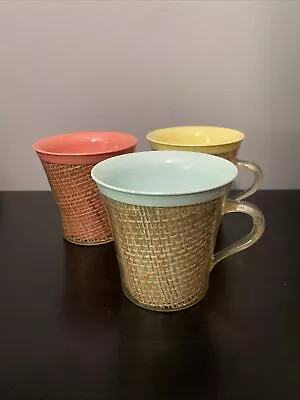 Vintage Raffiaware Melmac Burlap Tumbler Coffee Cups Mugs Set Of 3 • $24.99