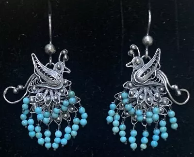 Mexican Sterling Silver Filigree  Turquoise Dove Bird Frida Earrings • $120