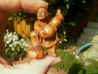 £24.99 • Buy Hand Carved Wood Netsuke Japanese Man With Big Gourd Bottle Collectable Figure