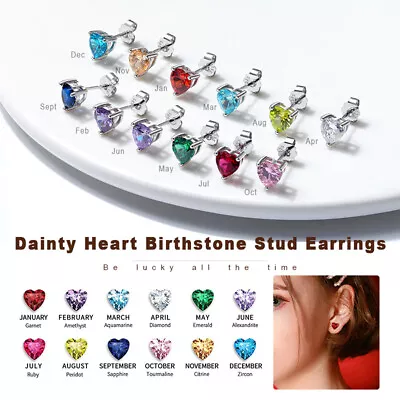 Birthstone Heart Shape CZ Earrings Studs 925 Sterling Silver Personalized Gifts • $8.99