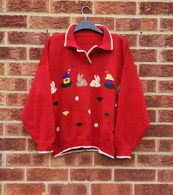 Vintage Red Jumper Bunny Rabbits Animal Sweater Patterned Collar Buttons Top M • £30