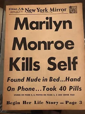 Original MARILYN MONROE Suicide Dead 1962 New York Mirror Newspaper Rare August • $200