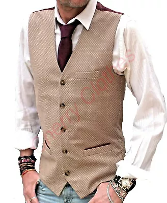 Mens Brown Beige Burgundy Waistcoat Vest Gilet Modern Fit Tweed Style • $50.49