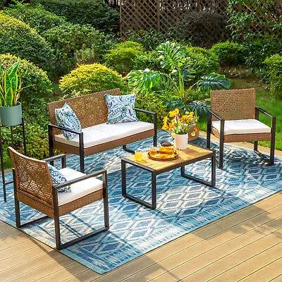 Brown Rattan 4 Piece Patio Conversation Set Outdoor Furniture Beige Cushions • $375