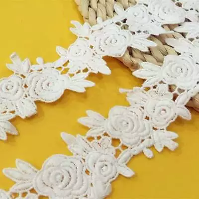 Vintage Off White Crochet Embroidered Rose Guipure Cotton Lace Trim 2 Yards • $9.90