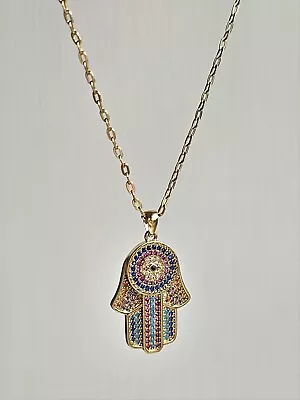 RAINBOW Pave Cz HAMSA Hand Necklace Evil Eye Stone Hamsa Hand Evil Eye Talisman  • £18.99