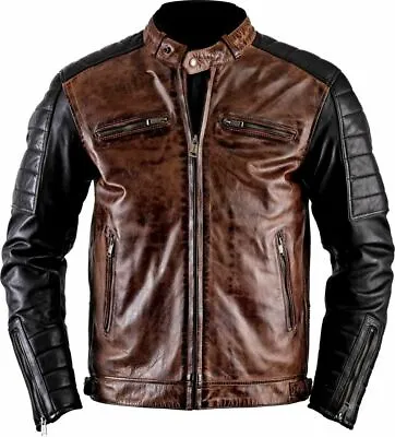 Cafe Racer Retro Mens Brown Biker Bomber Motorcycle Vintage Real Leather Jacket • $89.43