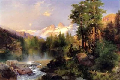 Art Oil Painting Thomas Moran - The Three Tetons Nice Landscape & River • $68.99