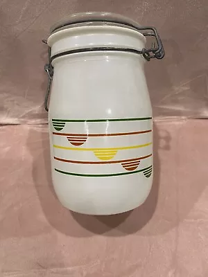 Vintage Carlton Glass Jar Canister 1L Hinged Latch Top Green Red Yellow Stripped • $20