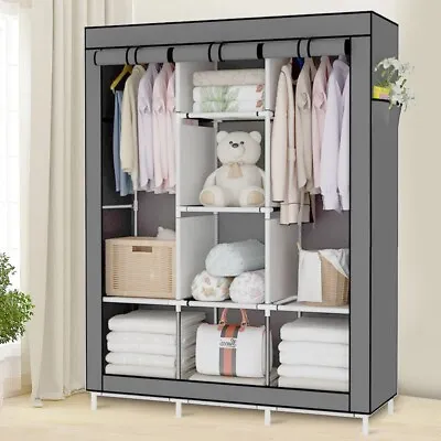 Practical Fabric Canvas Wardrobe Hanging Rail Shelving Clothes Storage Cupboard • £16.99