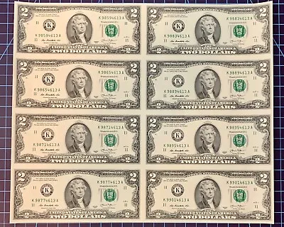 8 $2 Bills - Uncut Sheet Of 2 Dollar Bills - Series 2013 - Two Columns Of Four • $54.90