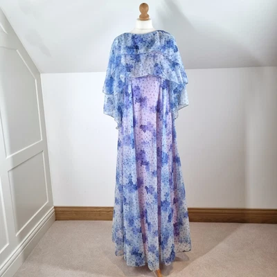 £150 • Buy Vintage After Six By Ronald Joyce Maxi Dress 70s Blue Floral Cape Nylon 10 12