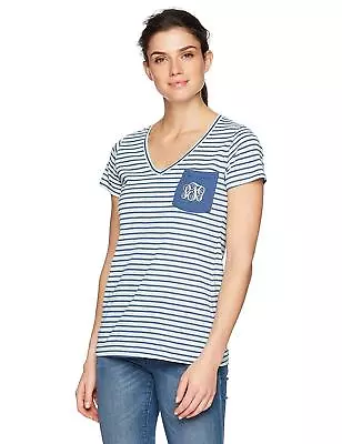 Columbia Women's PFG Monogram Pocket Tee Wind/Navy Stripe Small Striped Aqua  • $14.99