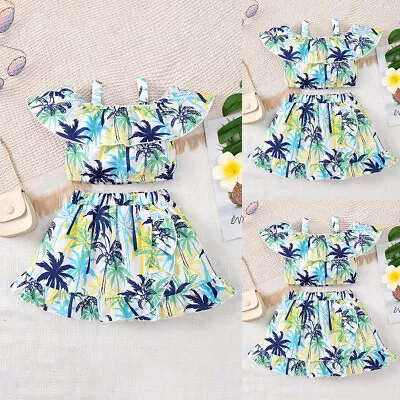 Toddler Kids Baby Girls Hawaiian Outfits Clothes Summer Holiday Tops Skirts Set • £8.49