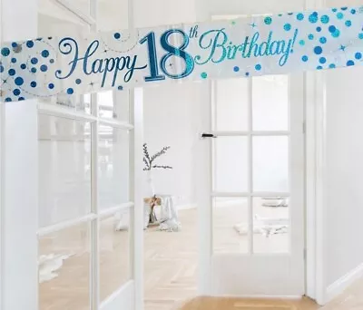 Blue Silver White Themed Happy 18th Birthday Banner. 18th Party Decorations • £2.65
