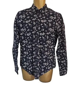 Zara Mens Slim Fit Blue Floral Paisley Long Sleeve Elbow Patch Shirt Size M • £14.99