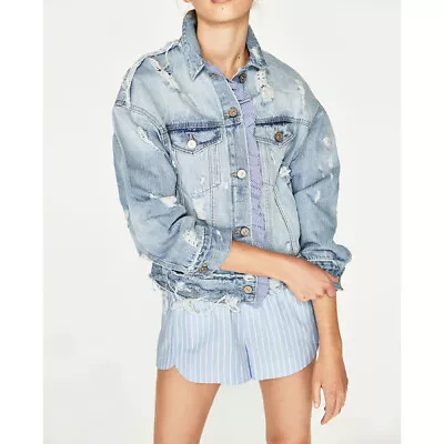 ZARA NEW WOMAN Combined Poplin And Ripped Denim Jacket Light  Blue  L 9123/091 • $54.89